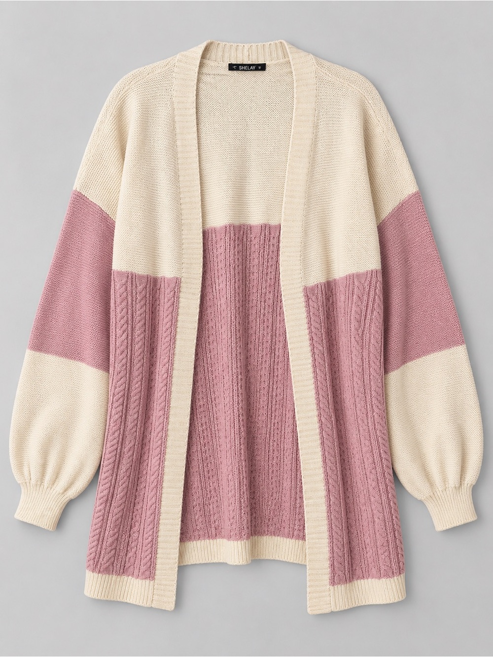 Open-Front Cable Knit Cardigan in Cream and Dusty Pink